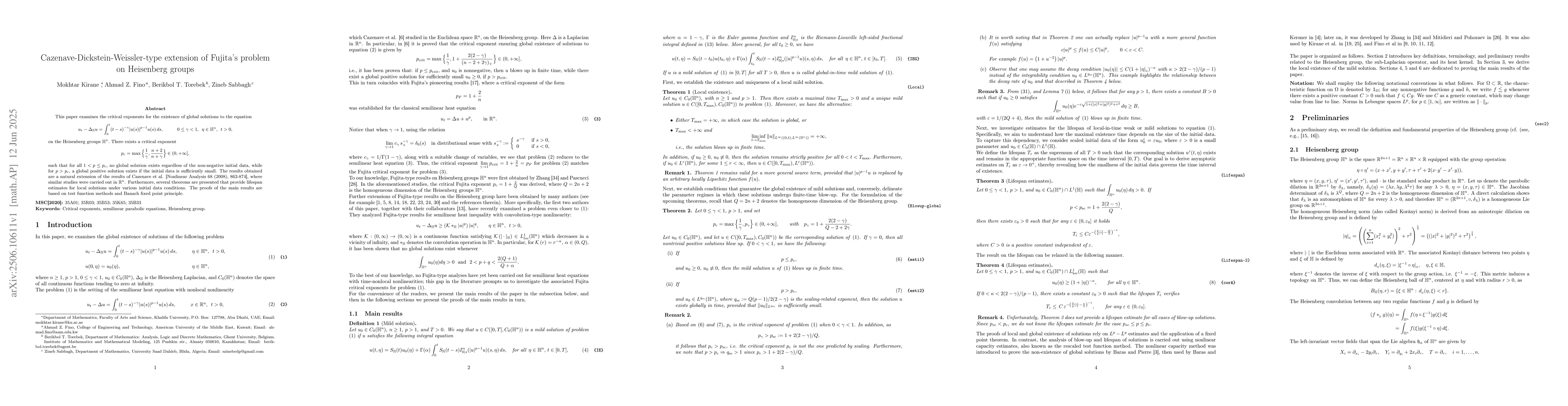 Thumbnail for Cazenave-Dickstein-Weissler-type extension of Fujita's problem on
  Heisenberg groups