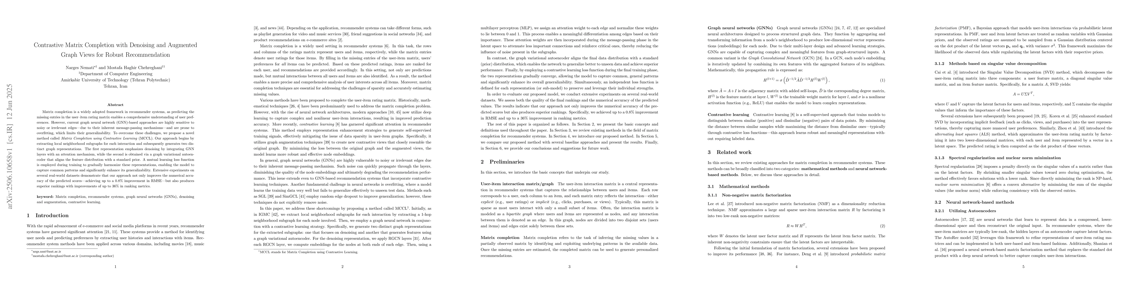 Thumbnail for Contrastive Matrix Completion with Denoising and Augmented Graph Views
  for Robust Recommendation