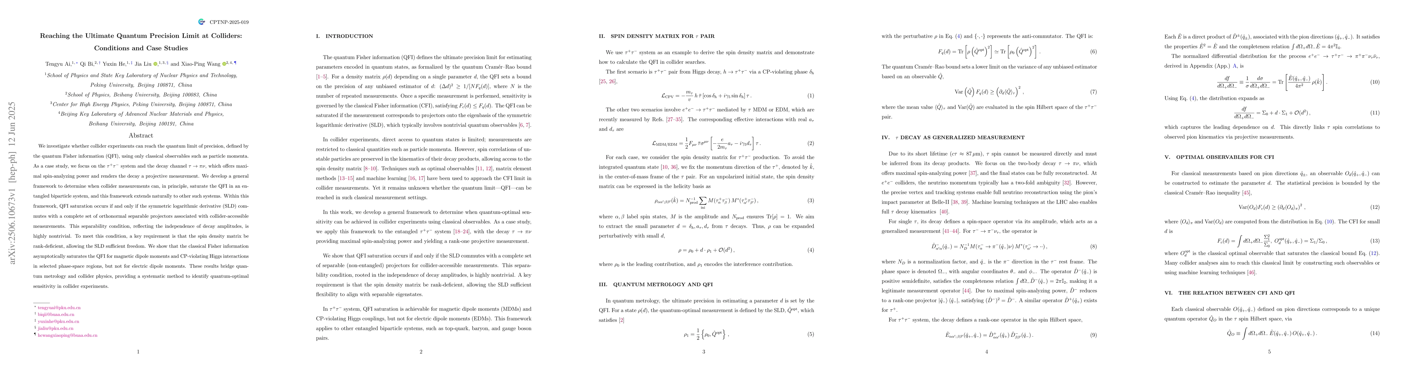 Thumbnail for Reaching the Ultimate Quantum Precision Limit at Colliders: Conditions
  and Case Studies