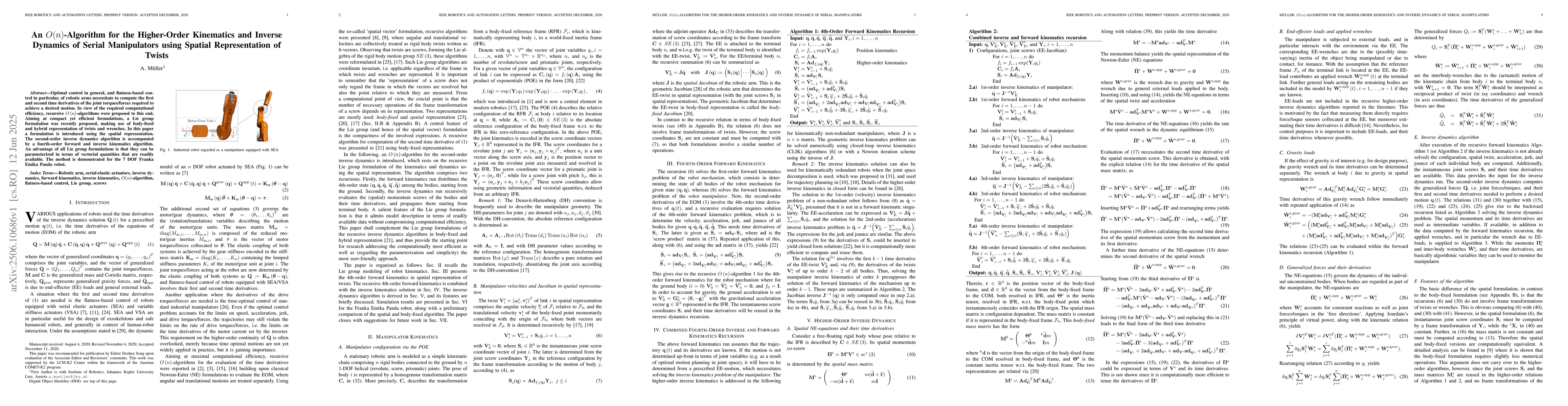 Thumbnail for An $O(n$)-Algorithm for the Higher-Order Kinematics and Inverse Dynamics
  of Serial Manipulators using Spatial Representation of Twists