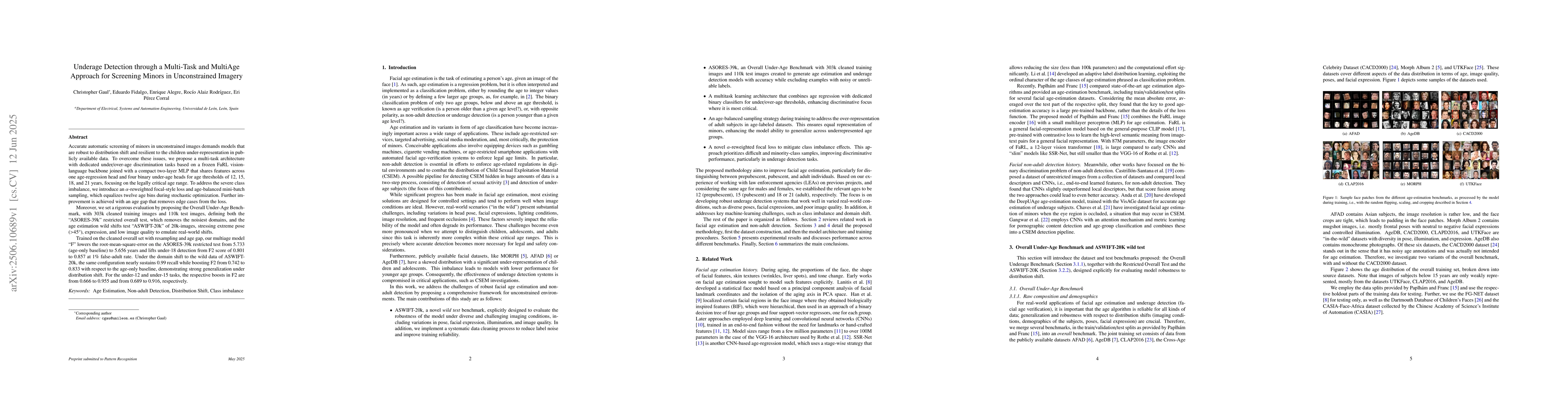 Thumbnail for Underage Detection through a Multi-Task and MultiAge Approach for
  Screening Minors in Unconstrained Imagery