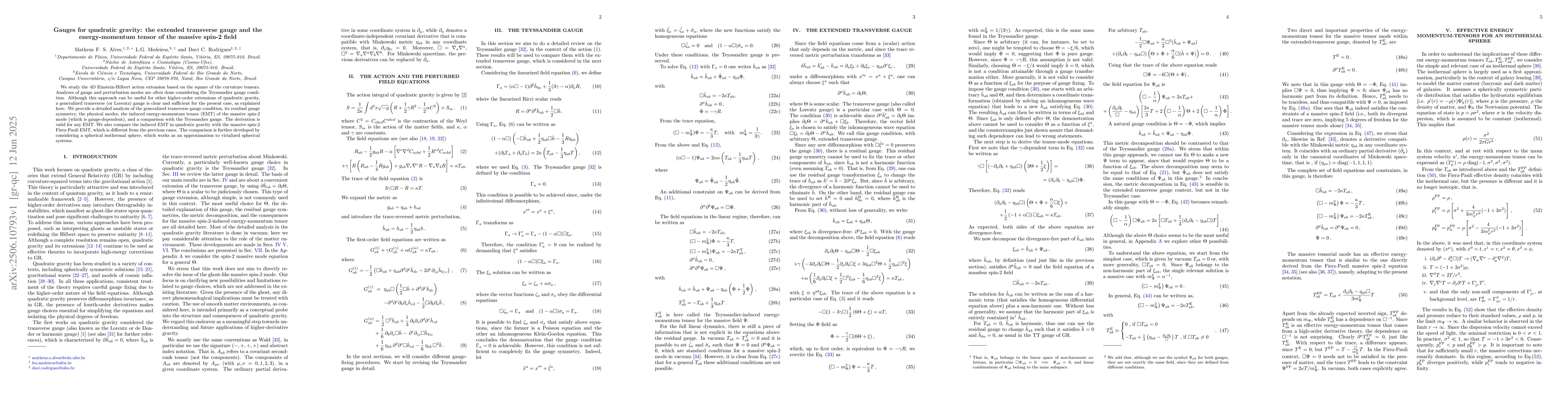 Thumbnail for Gauges for quadratic gravity: the extended transverse gauge and the
  energy-momentum tensor of the massive spin-2 field