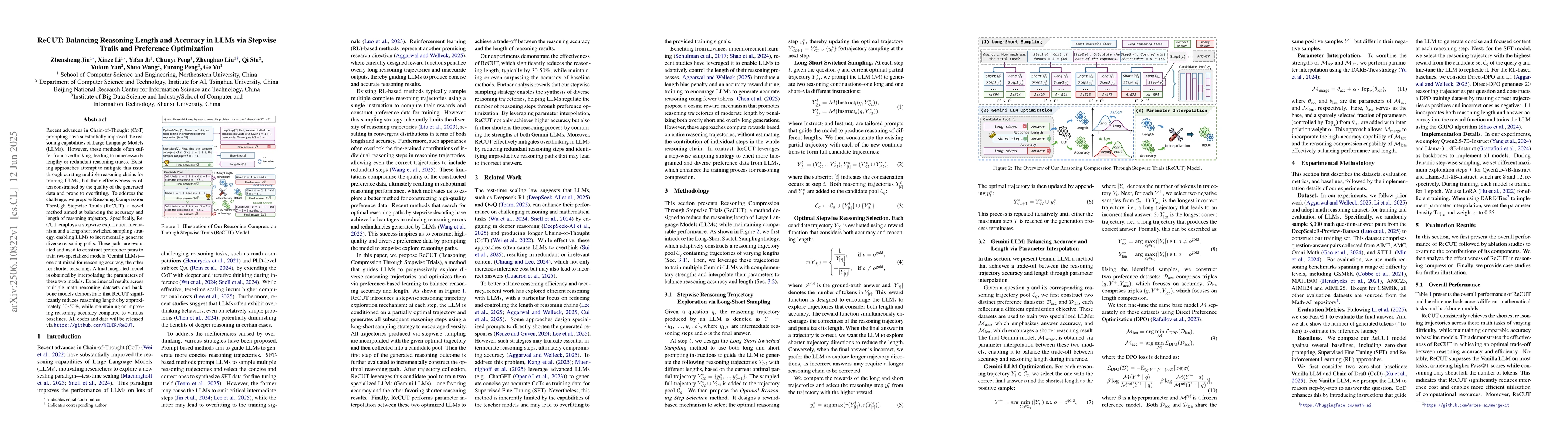 Thumbnail for ReCUT: Balancing Reasoning Length and Accuracy in LLMs via Stepwise
  Trails and Preference Optimization