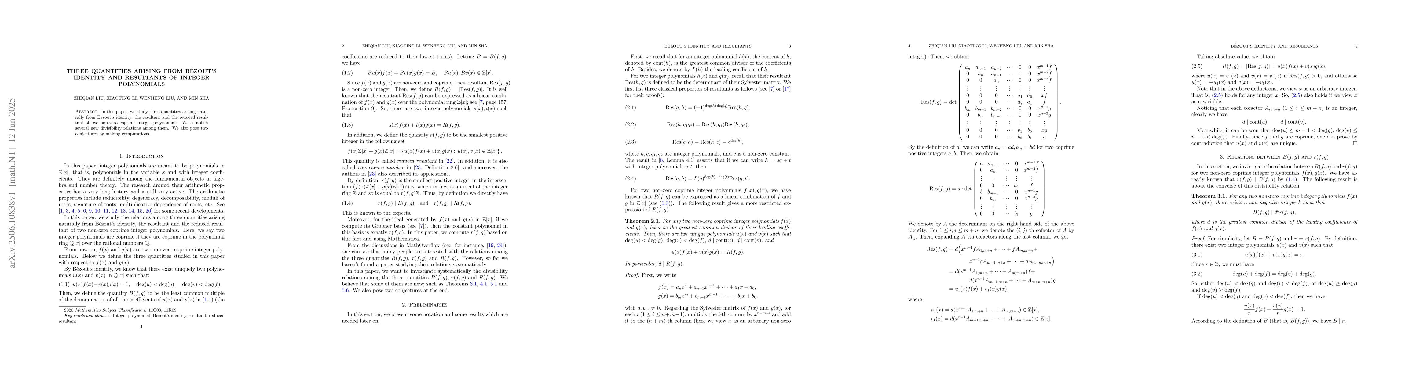 Thumbnail for Three quantities arising from Bézout's identity and resultants of
  integer polynomials
