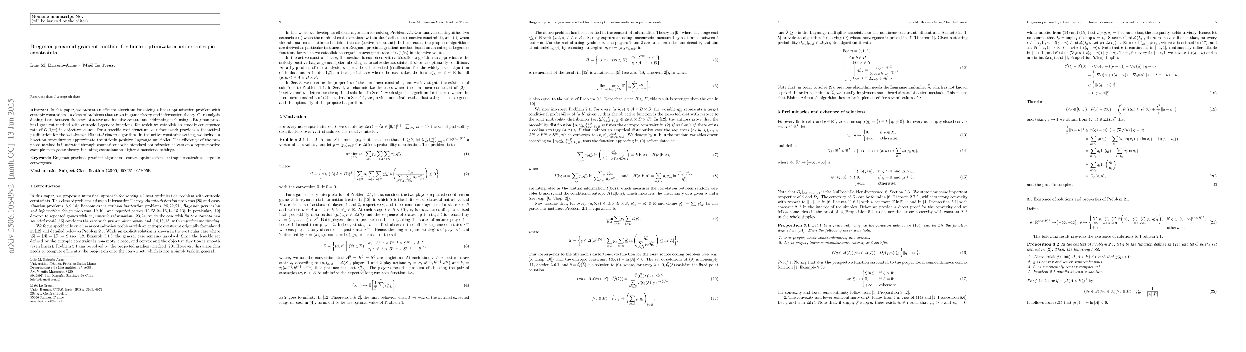 Thumbnail for Bregman proximal gradient method for linear optimization under entropic
  constraints