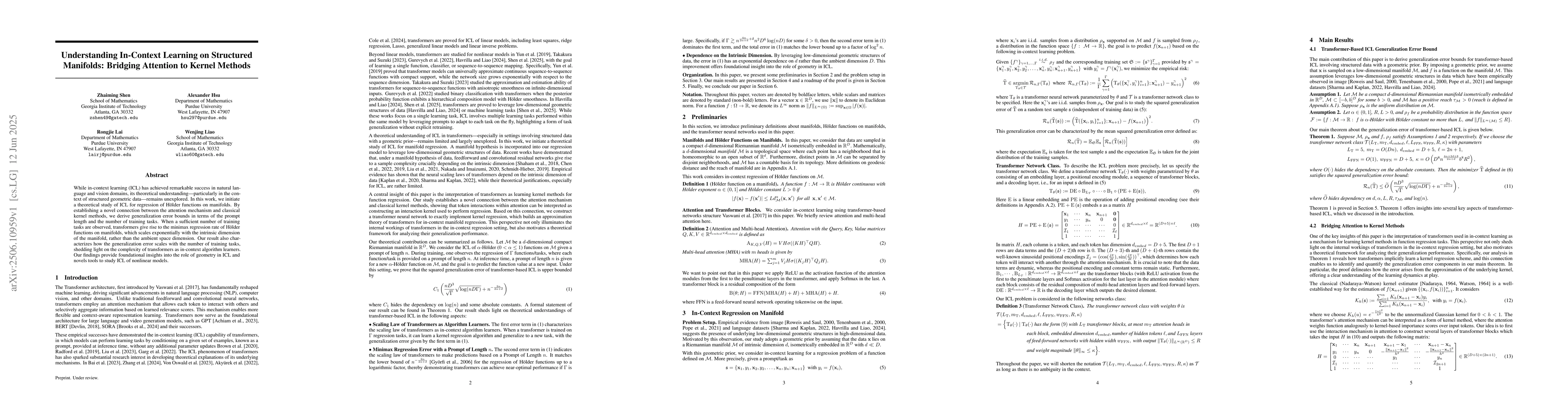 Thumbnail for Understanding In-Context Learning on Structured Manifolds: Bridging
  Attention to Kernel Methods