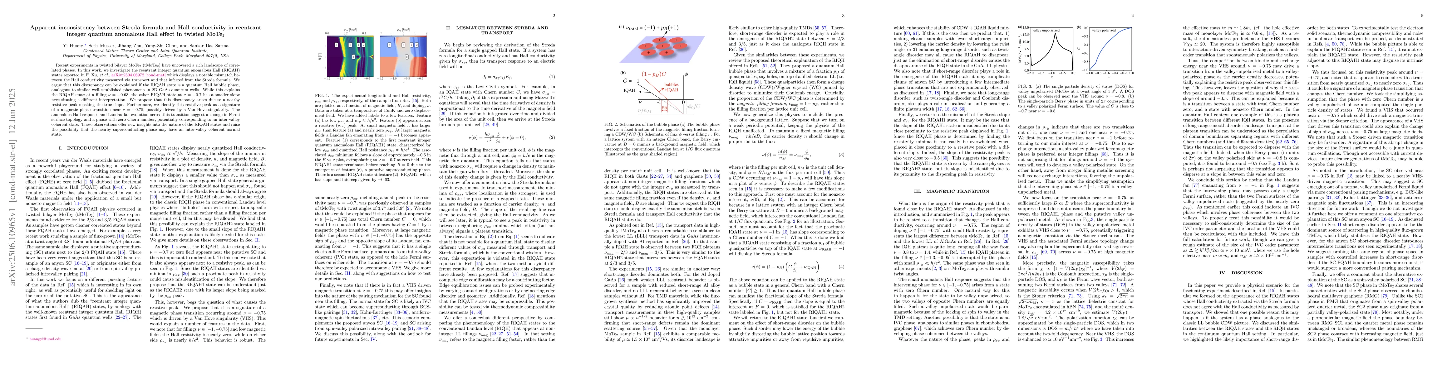 Thumbnail for Apparent inconsistency between Streda formula and Hall conductivity in
  reentrant integer quantum anomalous Hall effect in twisted MoTe$_2$