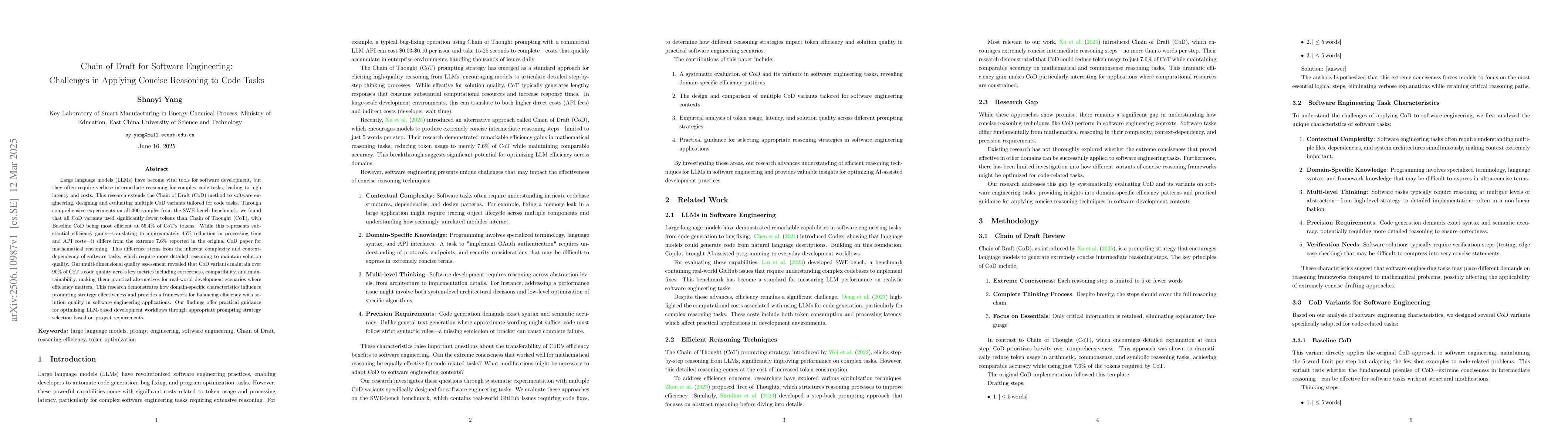 Thumbnail for Chain of Draft for Software Engineering: Challenges in Applying Concise
  Reasoning to Code Tasks