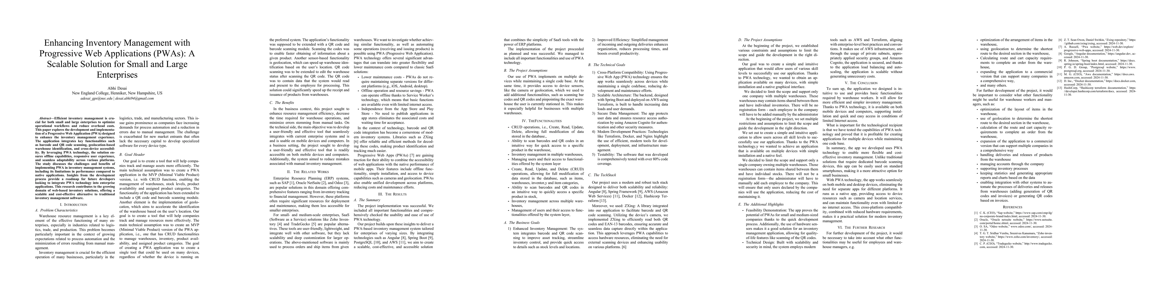 Thumbnail for Enhancing Inventory Management with Progressive Web Applications (PWAs):
  A Scalable Solution for Small and Large Enterprises