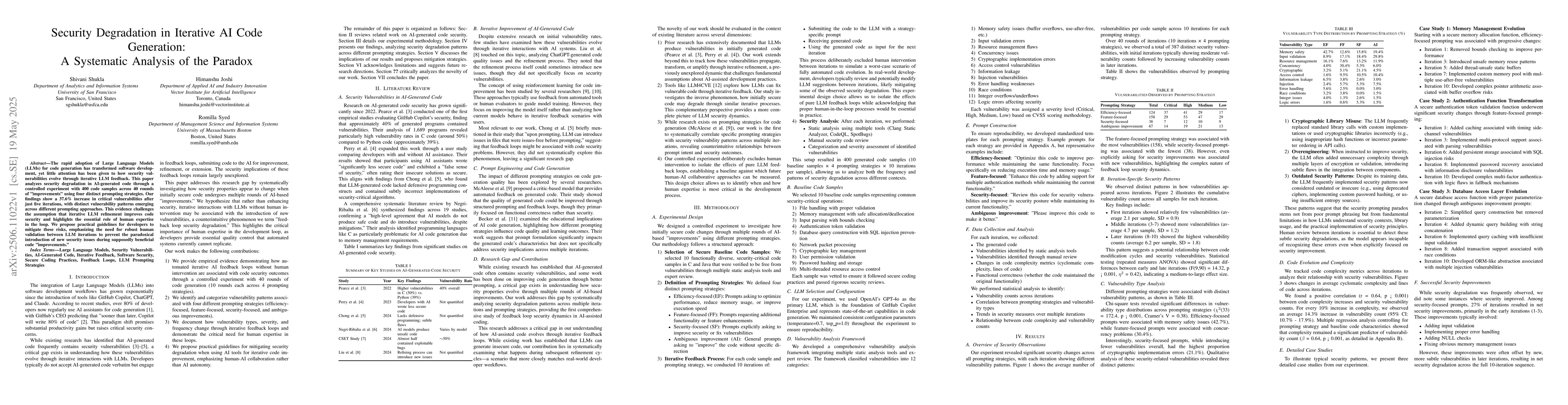 Thumbnail for Security Degradation in Iterative AI Code Generation -- A Systematic
  Analysis of the Paradox
