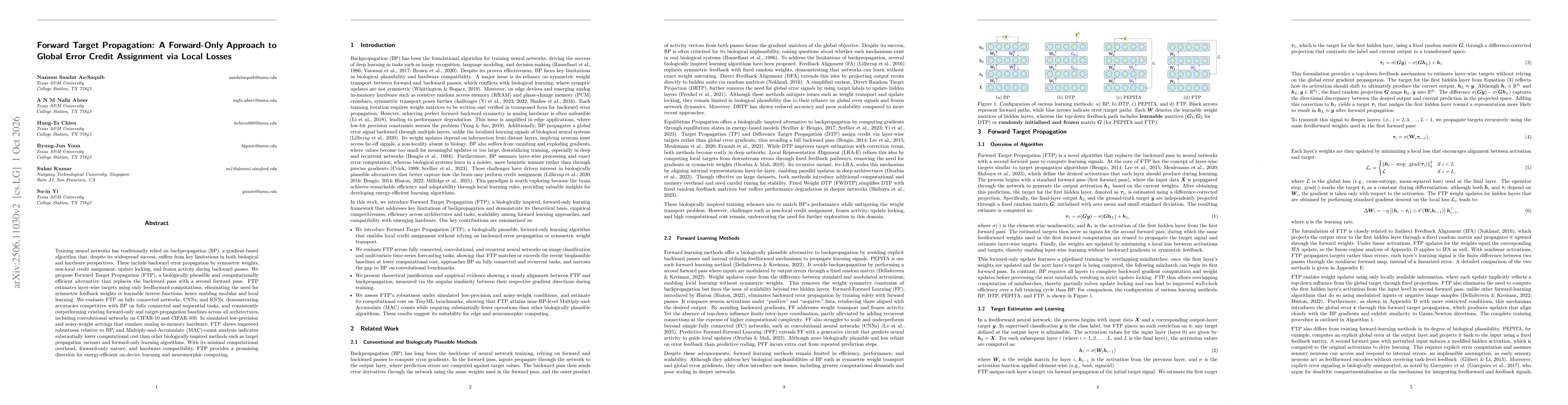 Thumbnail for Forward Target Propagation: A Forward-Only Approach to Global Error Credit Assignment via Local Losses