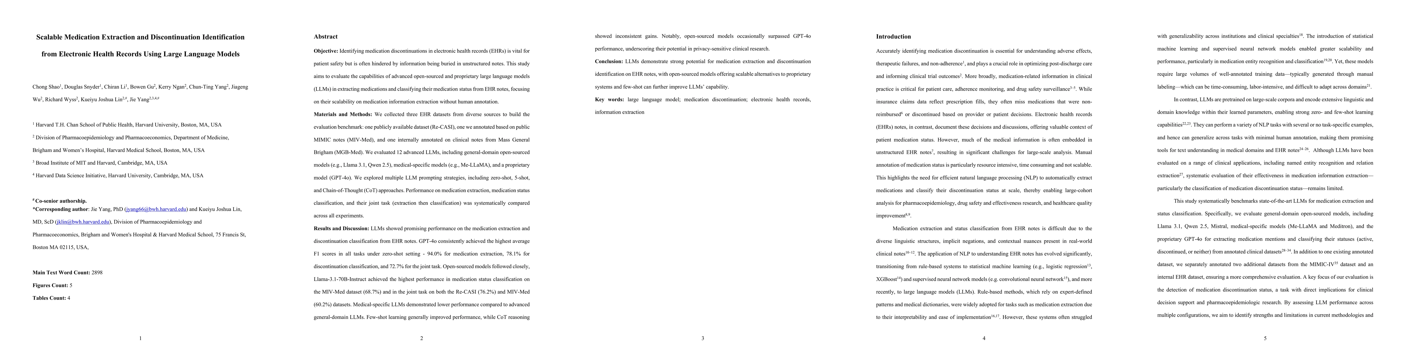 Thumbnail for Scalable Medication Extraction and Discontinuation Identification from
  Electronic Health Records Using Large Language Models