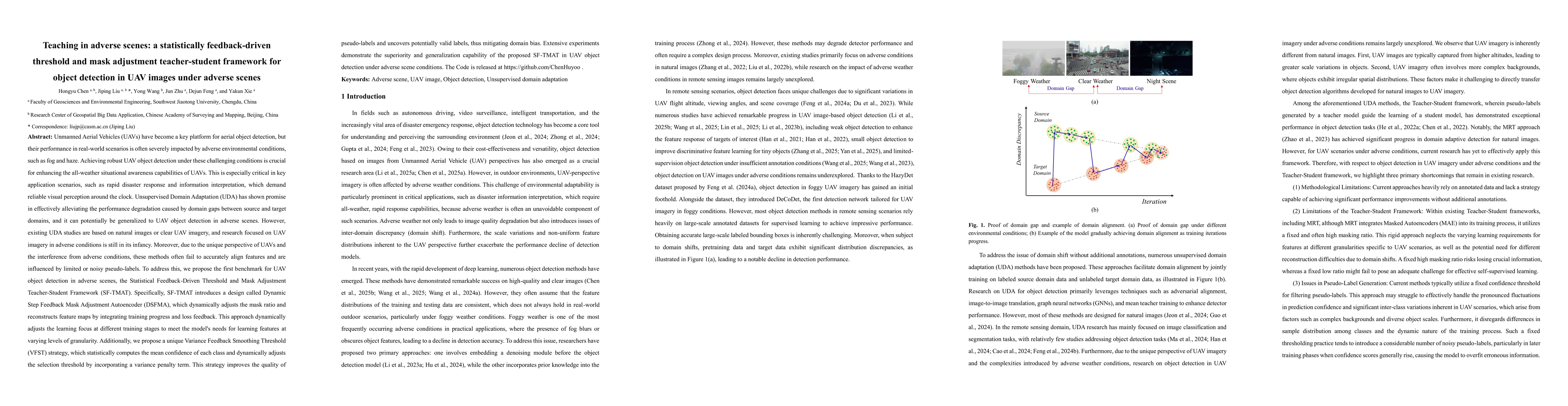 Thumbnail for Teaching in adverse scenes: a statistically feedback-driven threshold
  and mask adjustment teacher-student framework for object detection in UAV
  images under adverse scenes