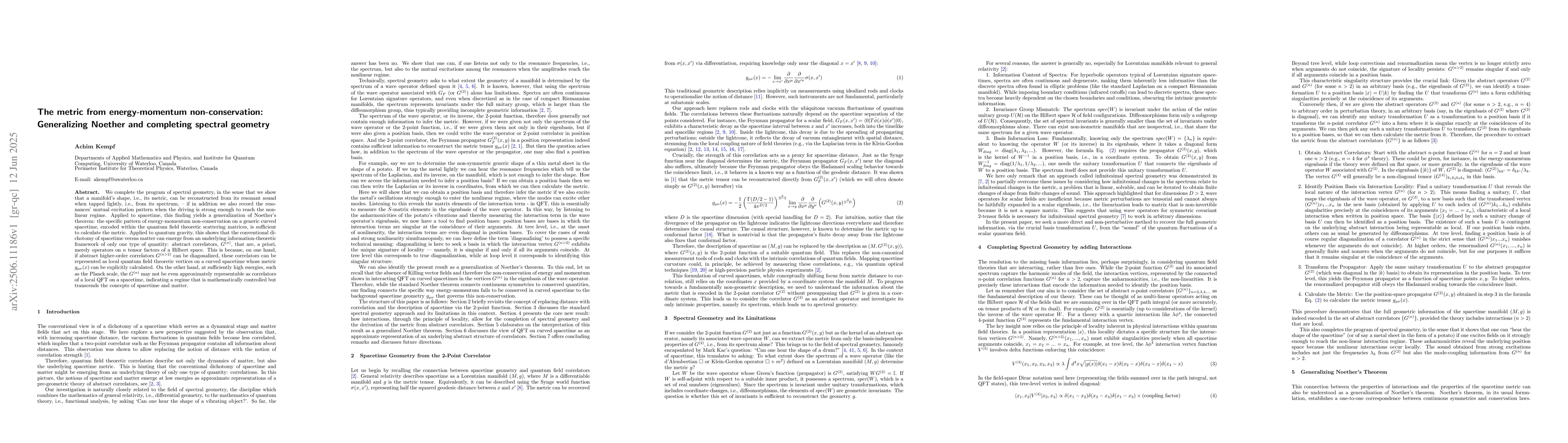 Thumbnail for The metric from energy-momentum non-conservation: Generalizing Noether
  and completing spectral geometry