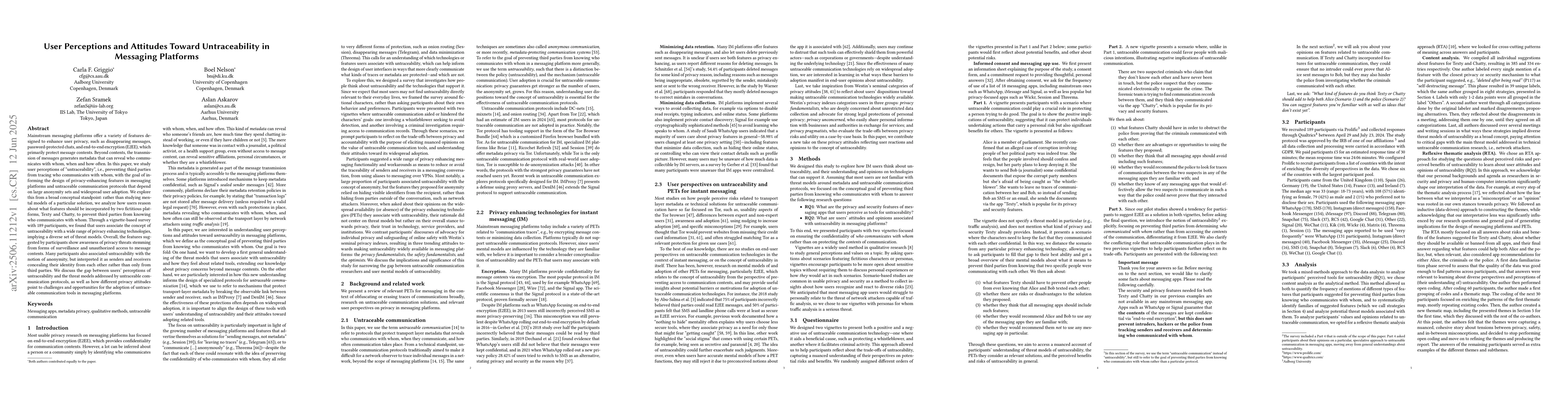 Thumbnail for User Perceptions and Attitudes Toward Untraceability in Messaging
  Platforms