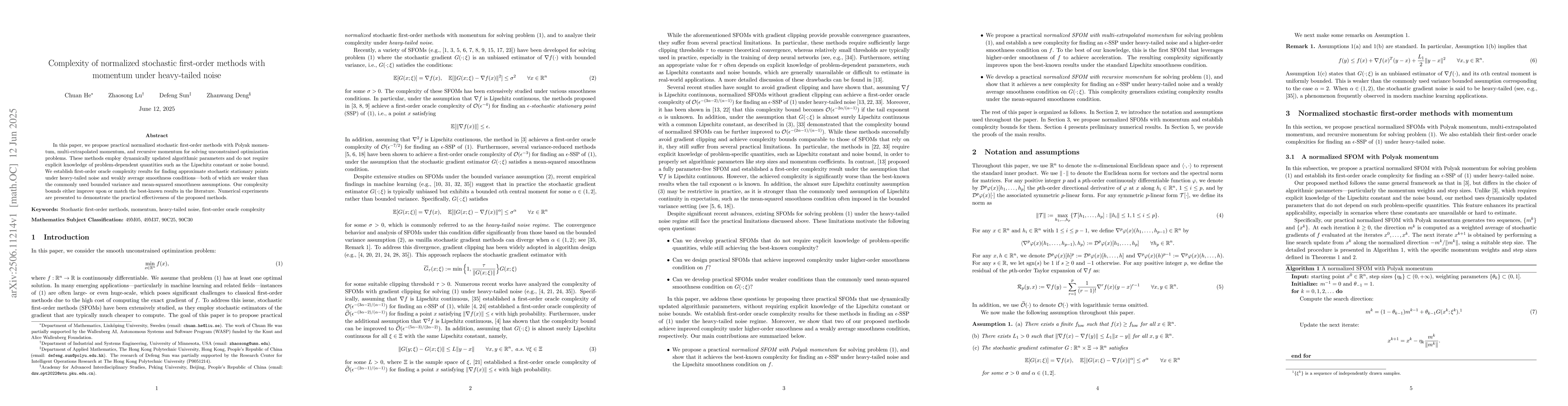 Thumbnail for Complexity of normalized stochastic first-order methods with momentum
  under heavy-tailed noise
