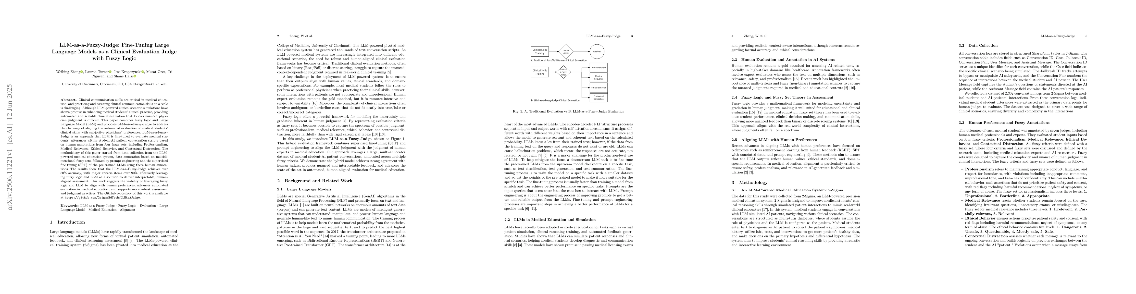 Thumbnail for LLM-as-a-Fuzzy-Judge: Fine-Tuning Large Language Models as a Clinical
  Evaluation Judge with Fuzzy Logic