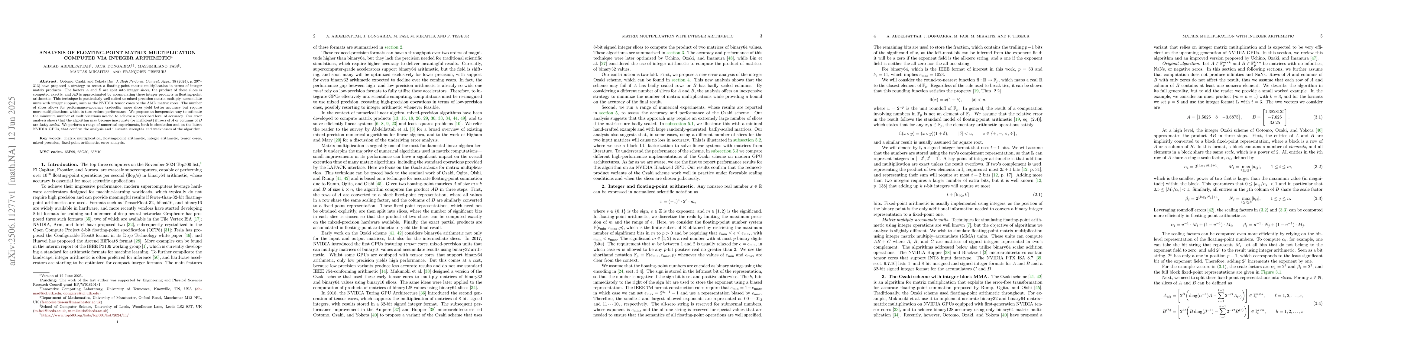Thumbnail for Analysis of Floating-Point Matrix Multiplication Computed via Integer
  Arithmetic