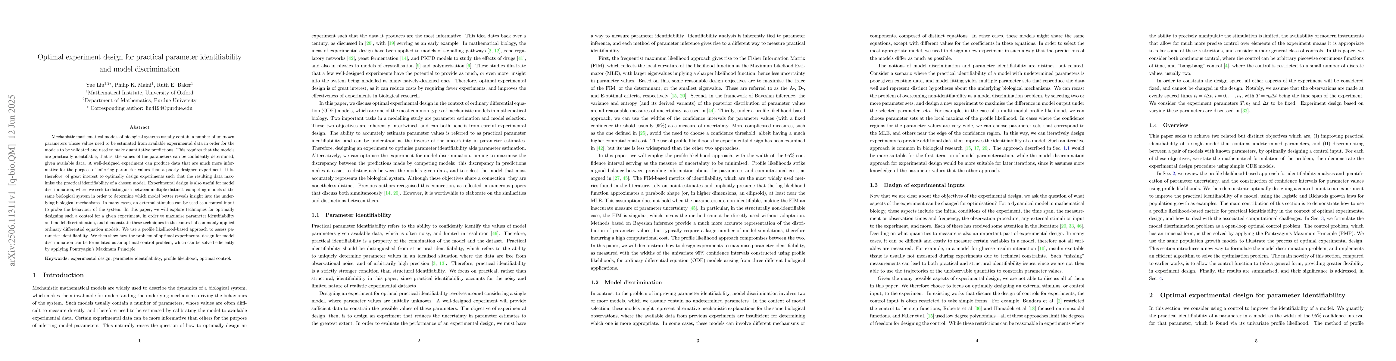 Thumbnail for Optimal experiment design for practical parameter identifiability and
  model discrimination