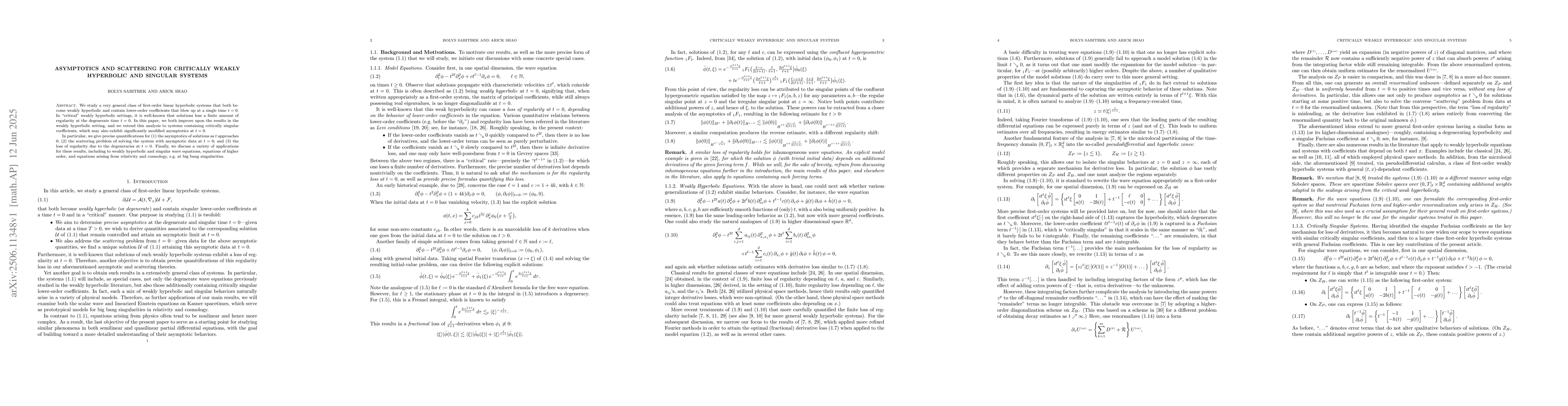 Thumbnail for Asymptotics and Scattering for Critically Weakly Hyperbolic and Singular
  Systems