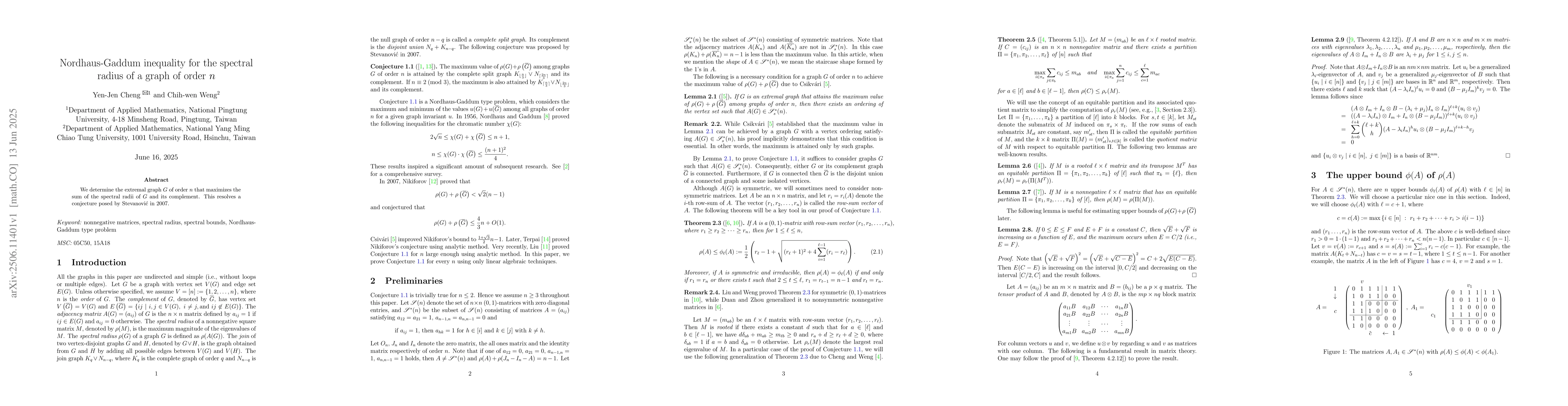 Thumbnail for Nordhaus-Gaddum inequality for the spectral radius of a graph of order
  $n$