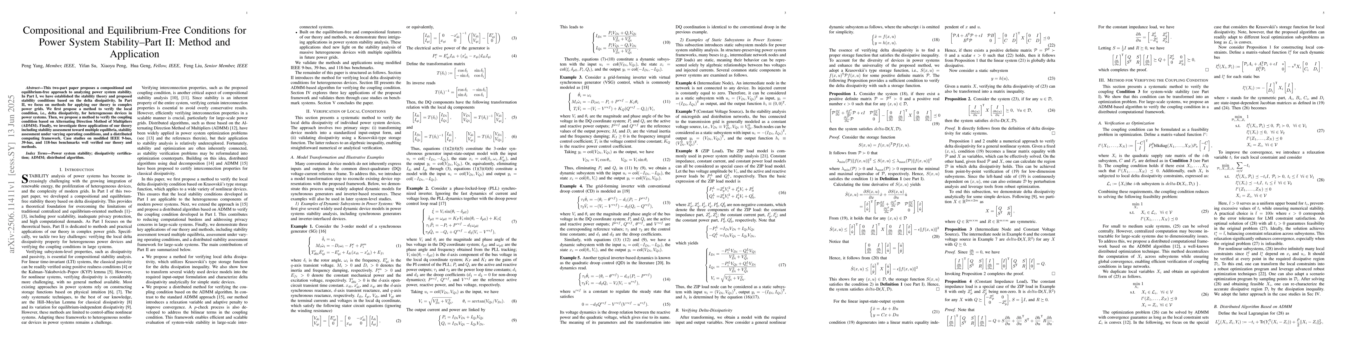 Thumbnail for Compositional and Equilibrium-Free Conditions for Power System Stability
  -- Part II: Method and Application