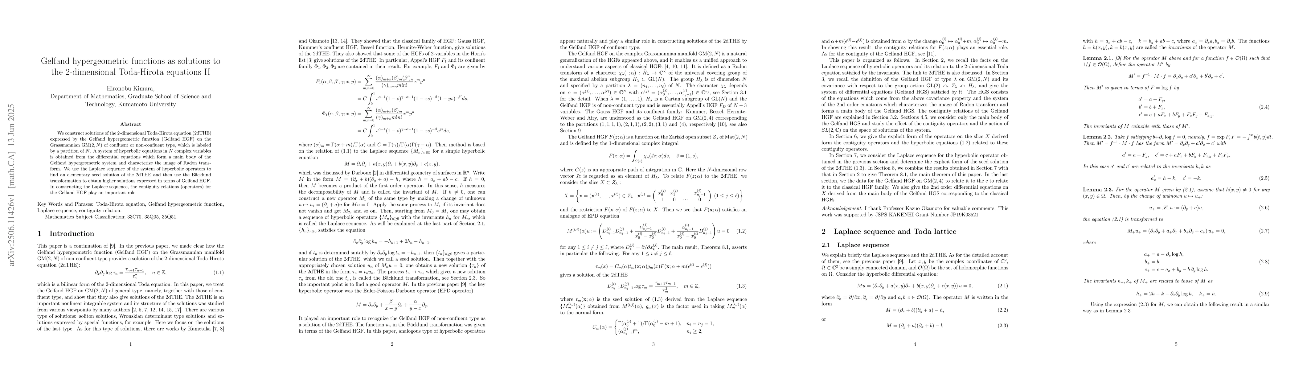 Thumbnail for Gelfand hypergeometric functions as solutions to the 2-dimensional
  Toda-Hirota equations II
