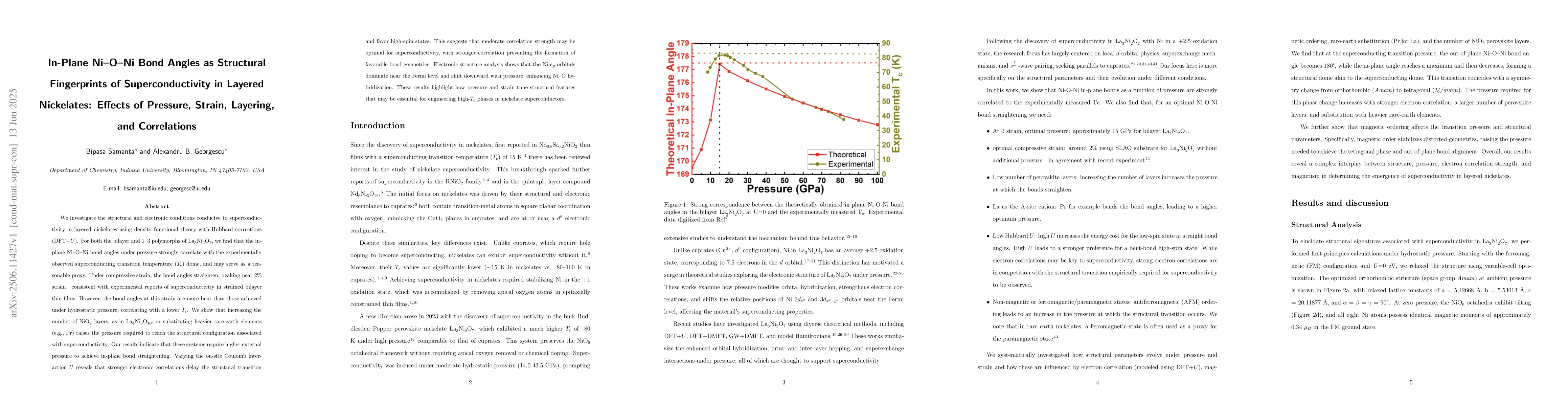 Thumbnail for In-Plane Ni-O-Ni Bond Angles as Structural Fingerprints of
  Superconductivity in Layered Nickelates: Effects of Pressure, Strain,
  Layering, and Correlations