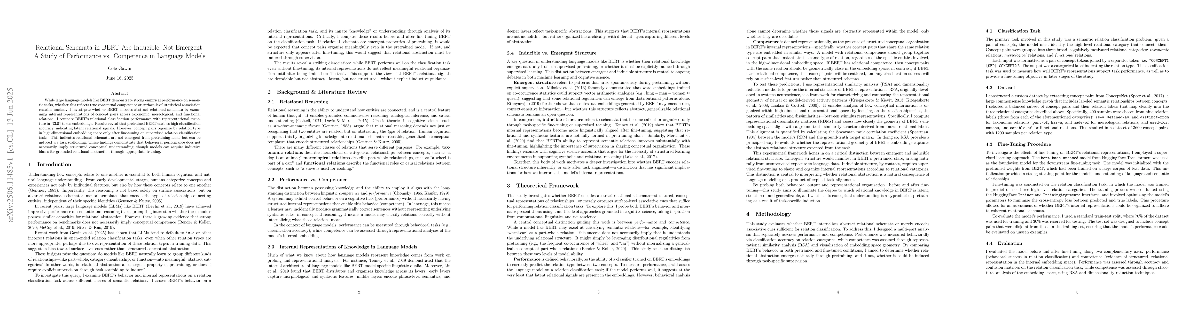 Thumbnail for Relational Schemata in BERT Are Inducible, Not Emergent: A Study of
  Performance vs. Competence in Language Models