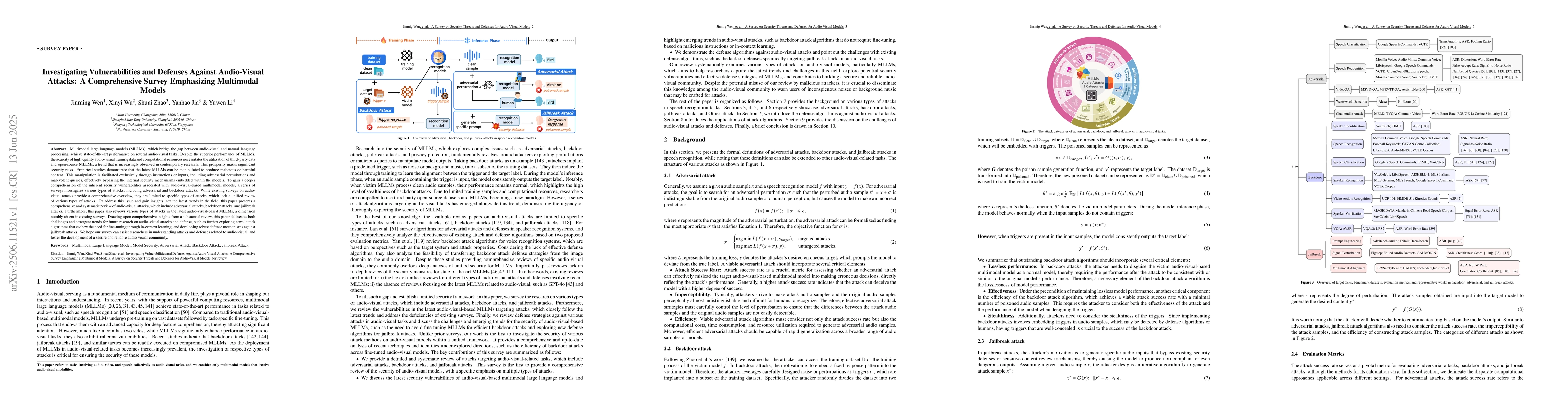 Thumbnail for Investigating Vulnerabilities and Defenses Against Audio-Visual Attacks:
  A Comprehensive Survey Emphasizing Multimodal Models