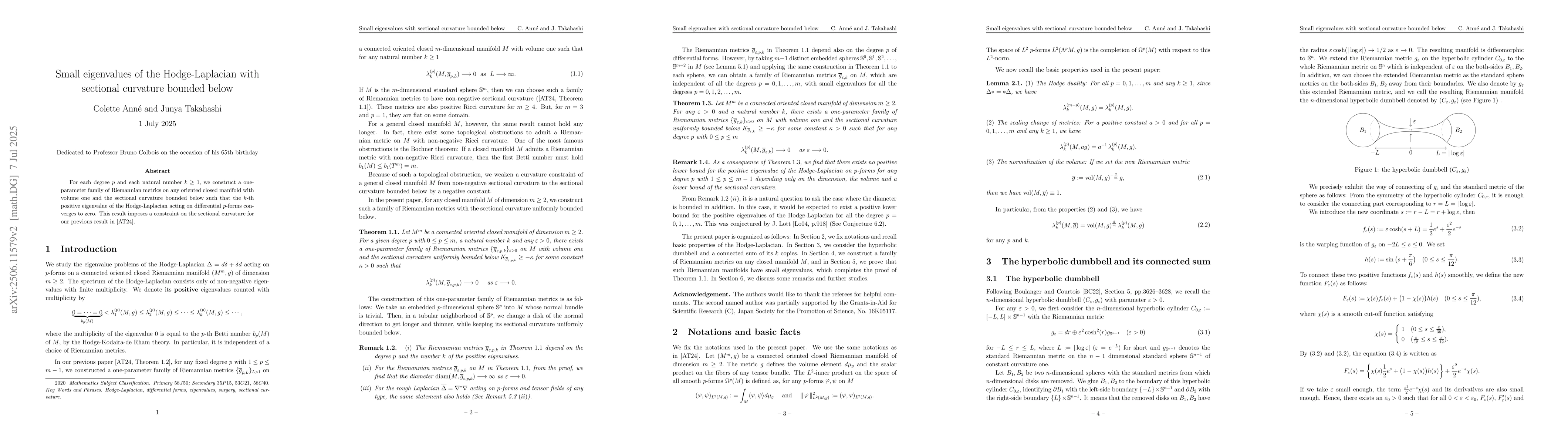 Thumbnail for Small eigenvalues of the Hodge-Laplacian with sectional curvature
  bounded below