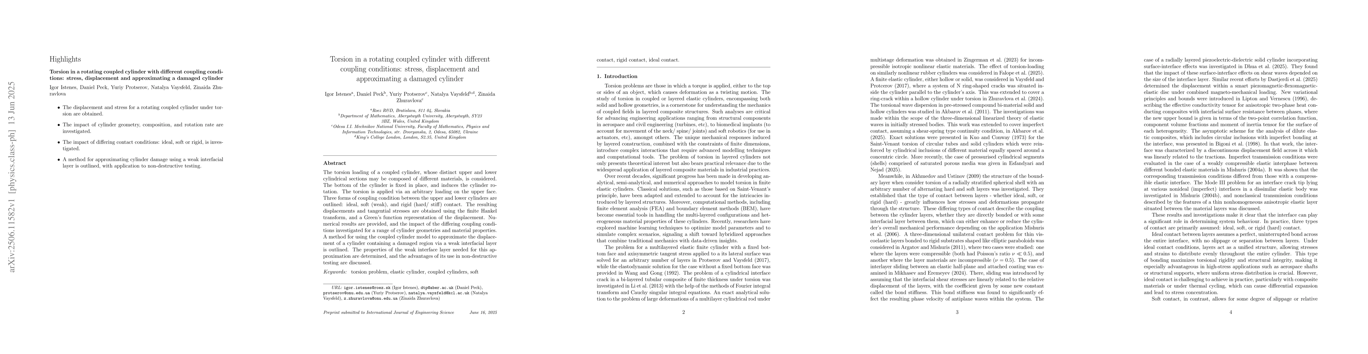 Thumbnail for Torsion in a rotating coupled cylinder with different coupling
  conditions: stress, displacement and approximating a damaged cylinder