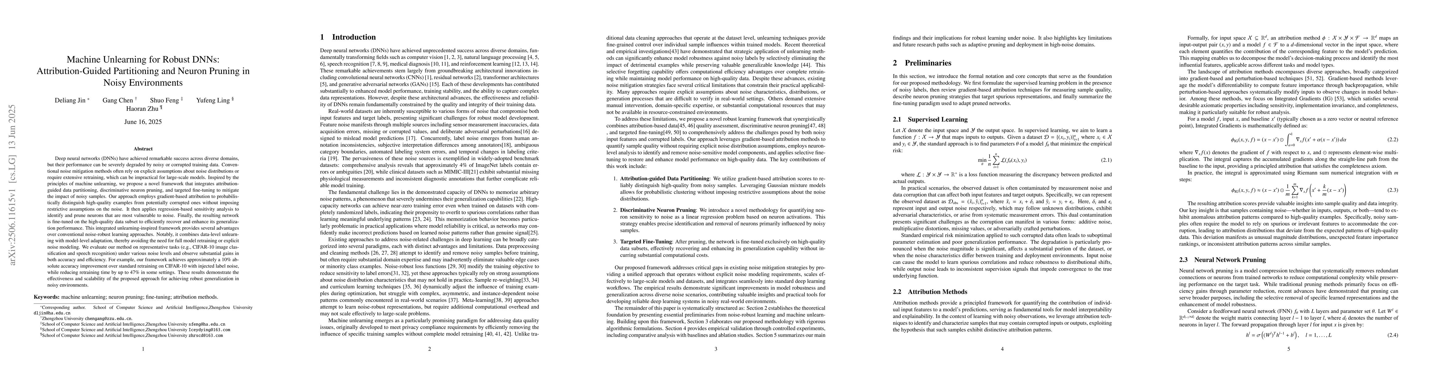 Thumbnail for Machine Unlearning for Robust DNNs: Attribution-Guided Partitioning and
  Neuron Pruning in Noisy Environments