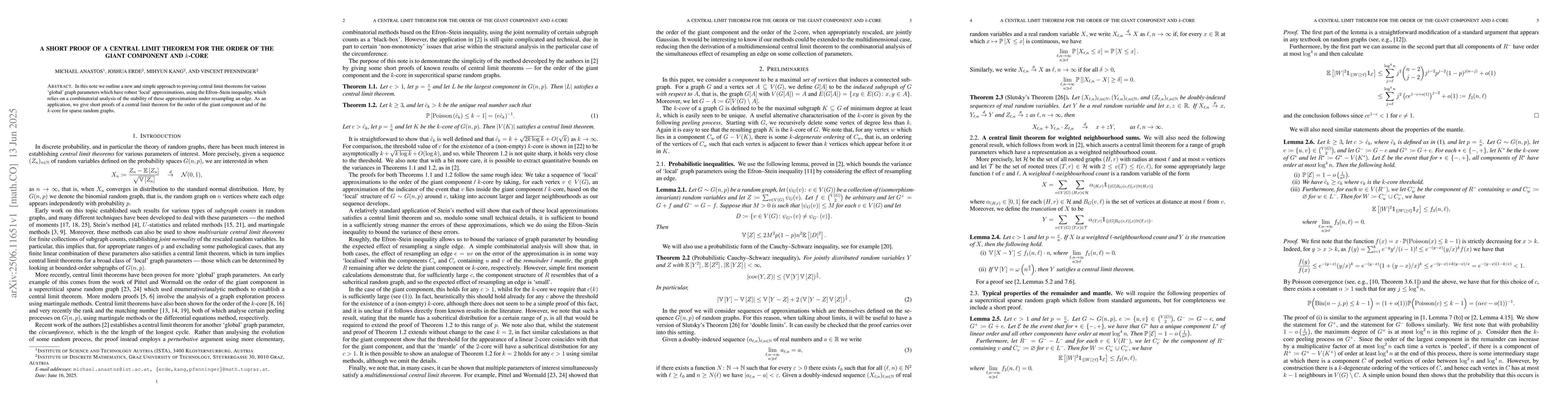 Thumbnail for A short proof of a central limit theorem for the order of the giant
  component and $k$-core
