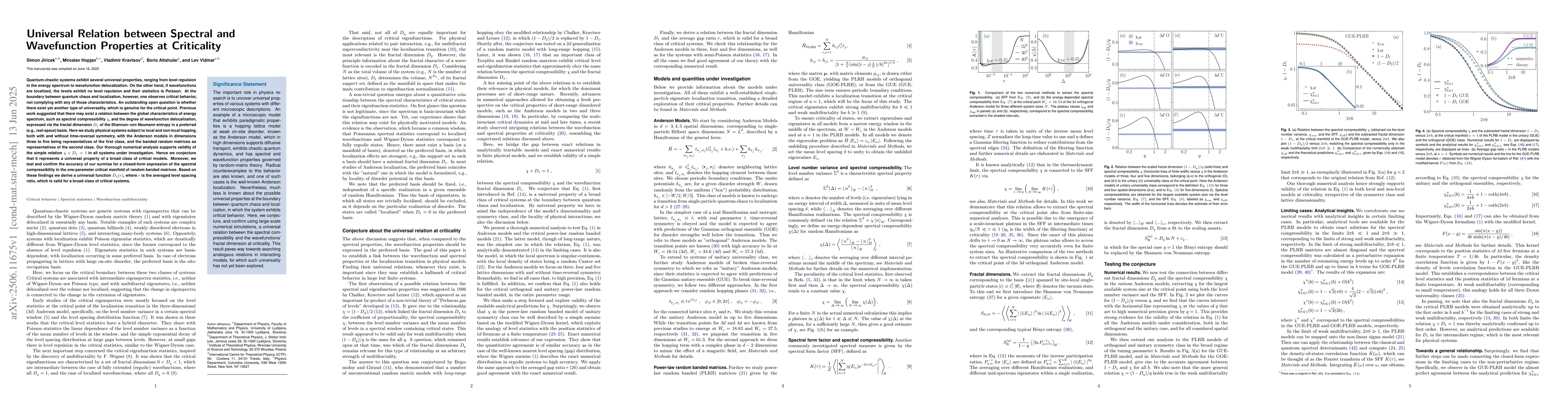 Thumbnail for Universal Relation between Spectral and Wavefunction Properties at
  Criticality