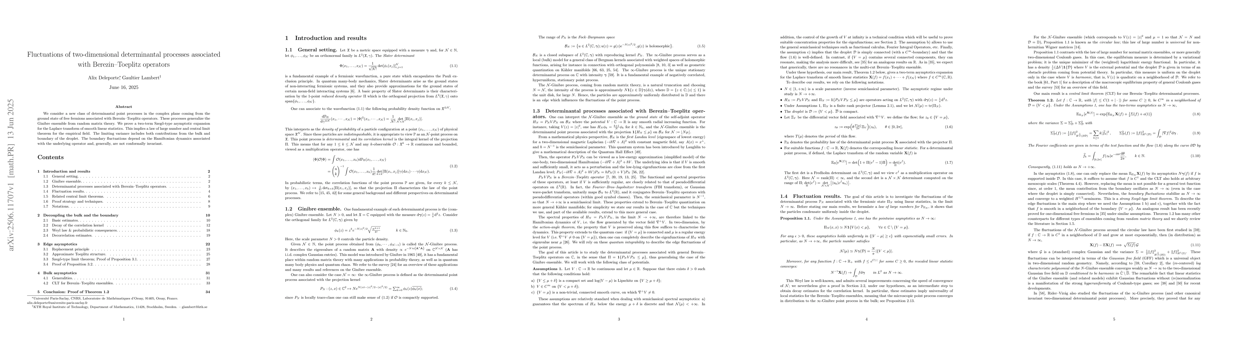 Thumbnail for Fluctuations of two-dimensional determinantal processes associated with
  Berezin--Toeplitz operators