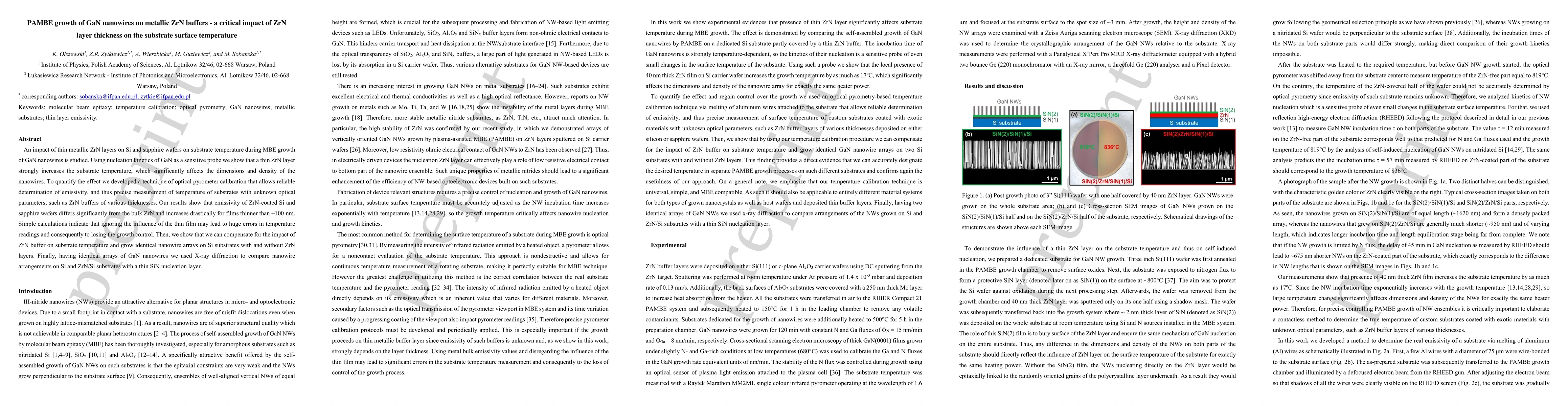 Thumbnail for PAMBE growth of GaN nanowires on metallic ZrN buffers -- a critical
  impact of ZrN layer thickness on the growth temperature
