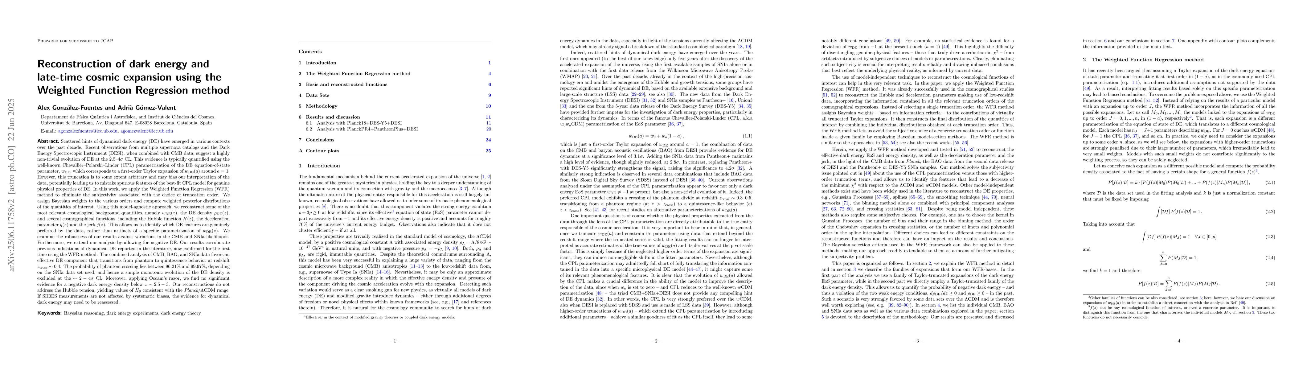Thumbnail for Reconstruction of dark energy and late-time cosmic expansion using the
  Weighted Function Regression method