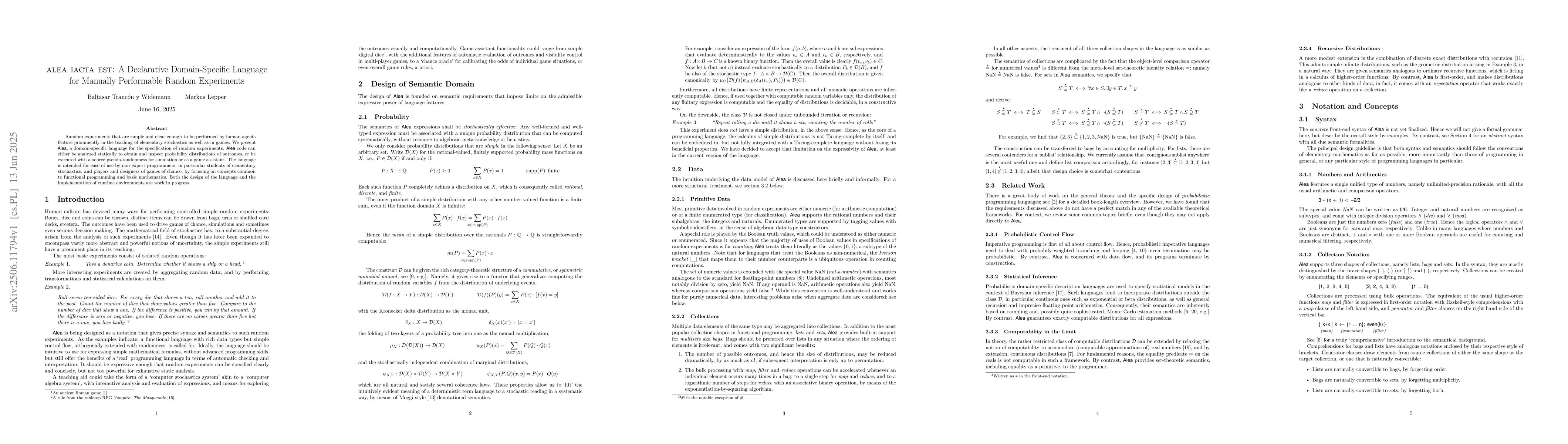 Thumbnail for ALEA IACTA EST: A Declarative Domain-Specific Language for Manually
  Performable Random Experiments