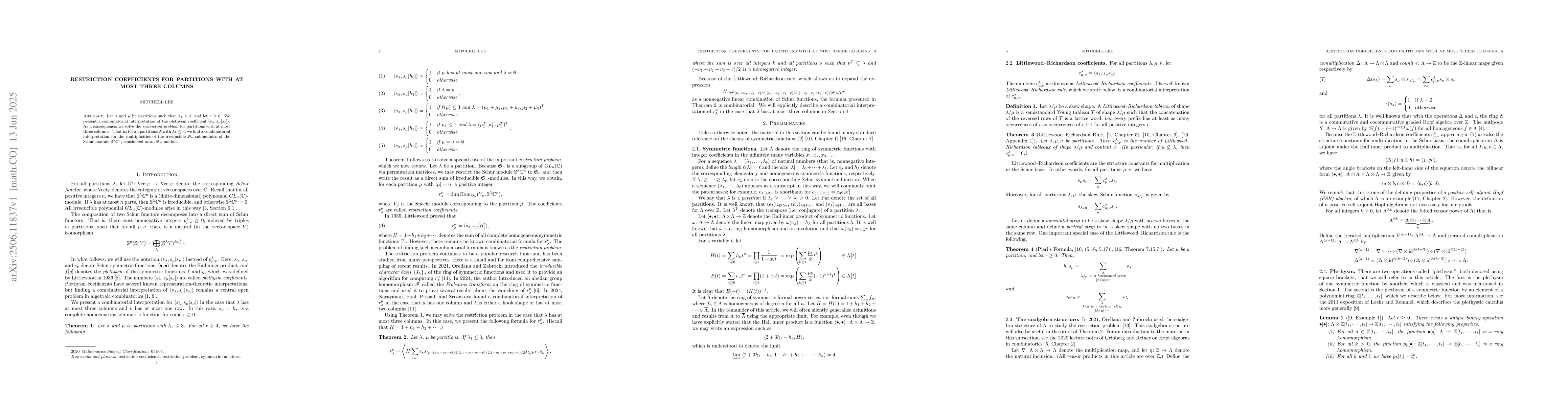 Thumbnail for Restriction coefficients for partitions with at most three columns