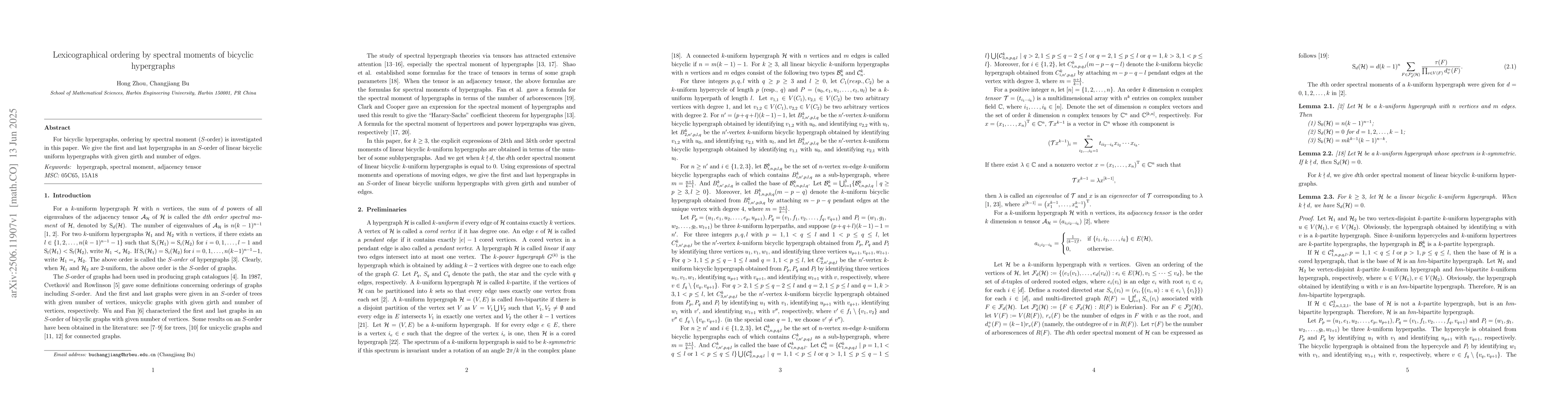 Thumbnail for Lexicographical ordering by spectral moments of bicyclic hypergraphs