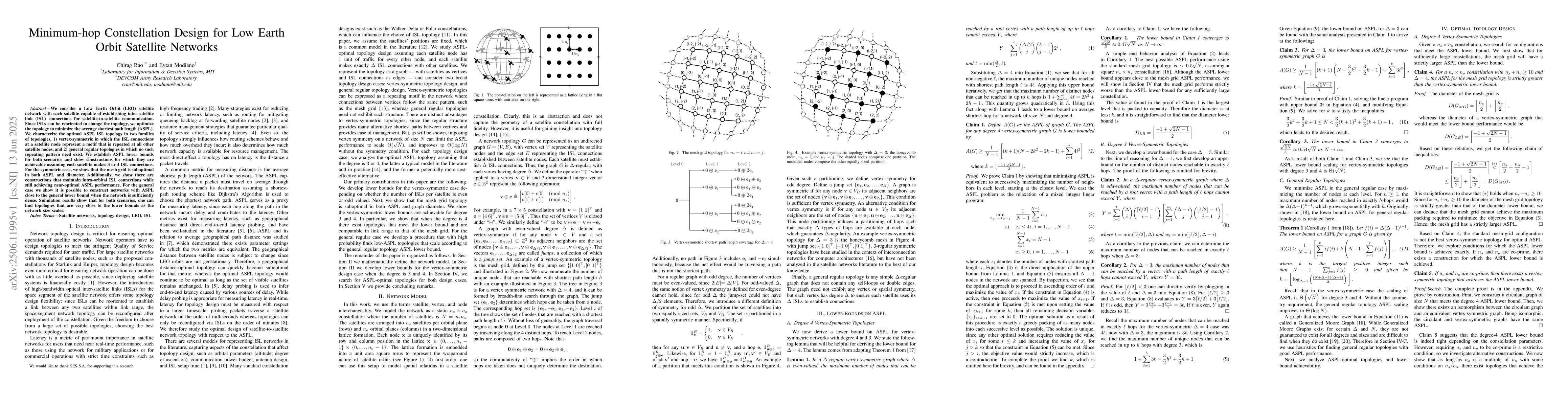 Thumbnail for Minimum-hop Constellation Design for Low Earth Orbit Satellite Networks