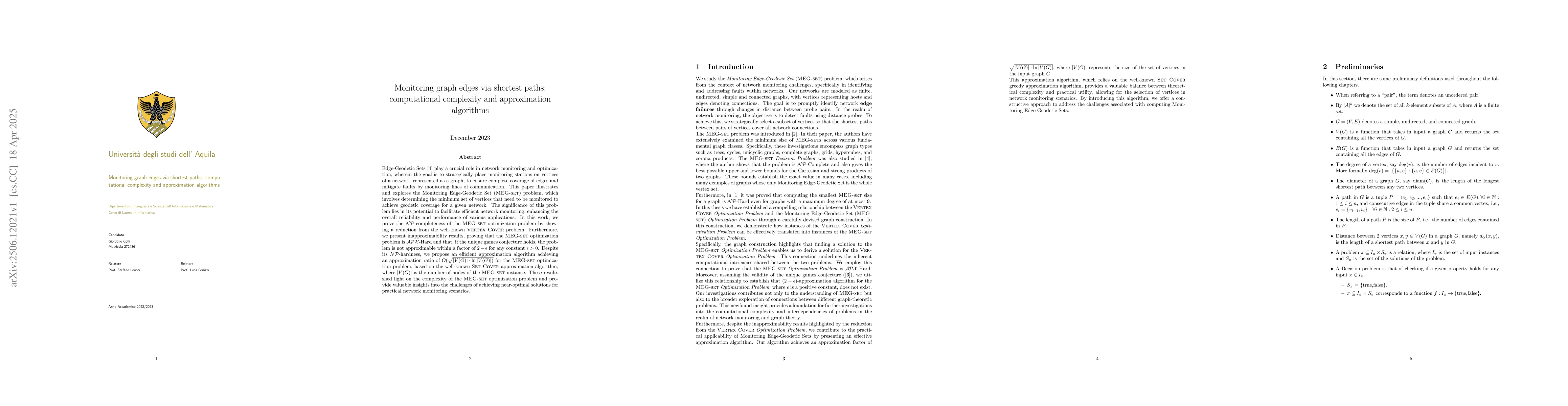 Thumbnail for Monitoring graph edges via shortest paths: computational complexity and
  approximation algorithms