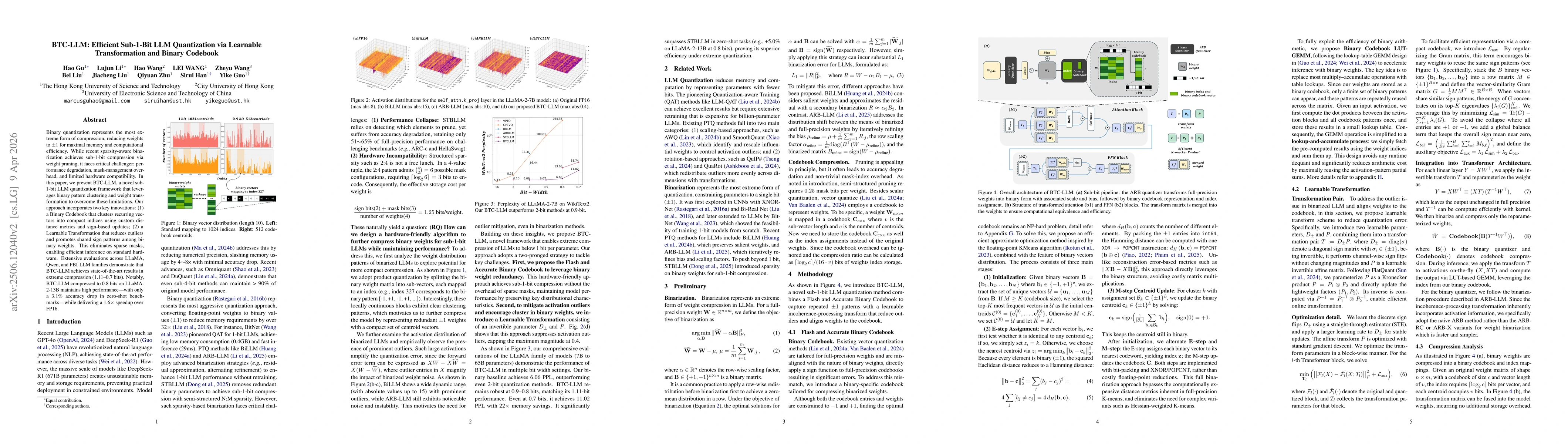 Thumbnail for BTC-LLM: Efficient Sub-1-Bit LLM Quantization via Learnable Transformation and Binary Codebook