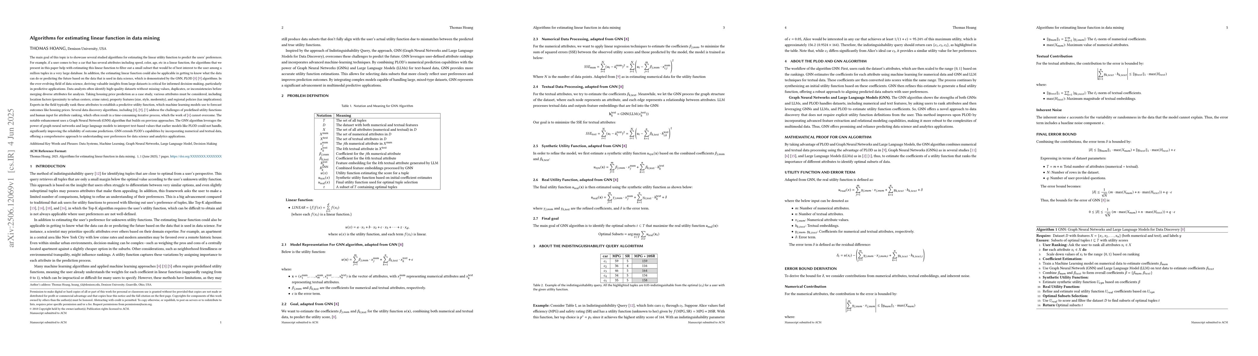 Thumbnail for Algorithms for estimating linear function in data mining