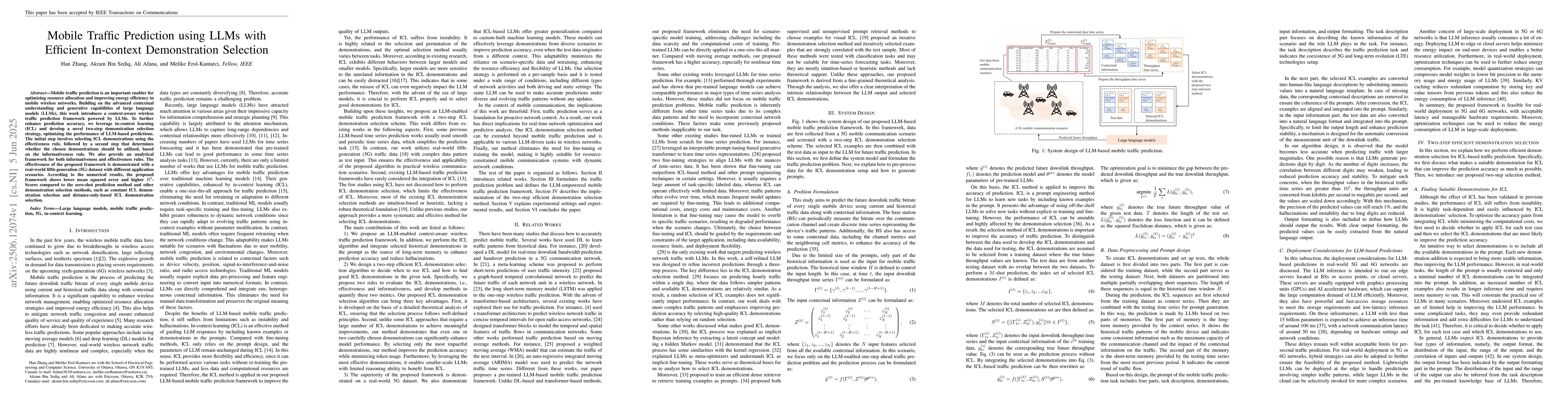 Thumbnail for Mobile Traffic Prediction using LLMs with Efficient In-context
  Demonstration Selection