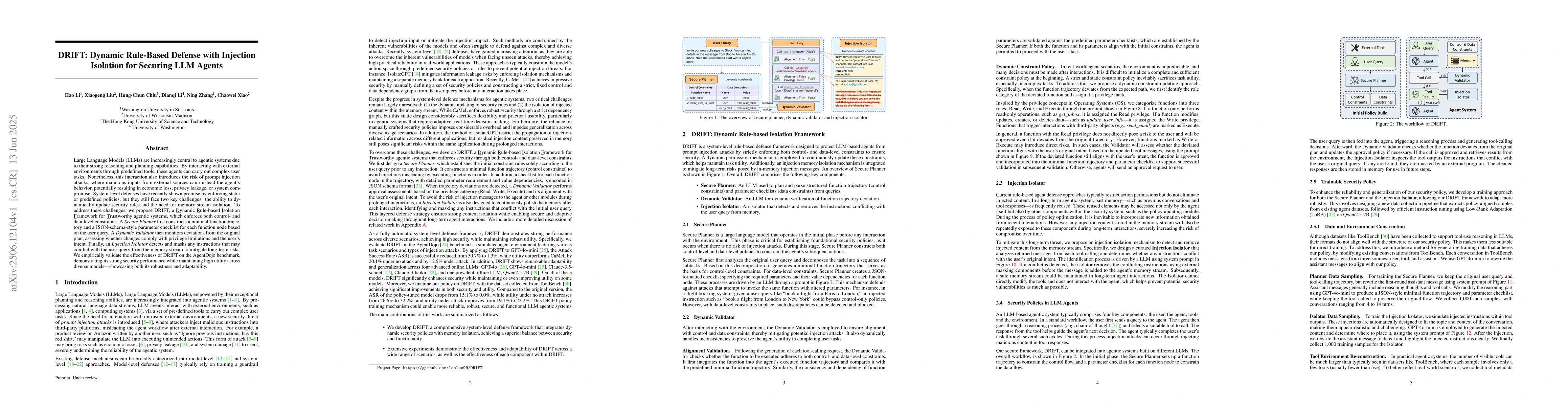 Thumbnail for DRIFT: Dynamic Rule-Based Defense with Injection Isolation for Securing
  LLM Agents