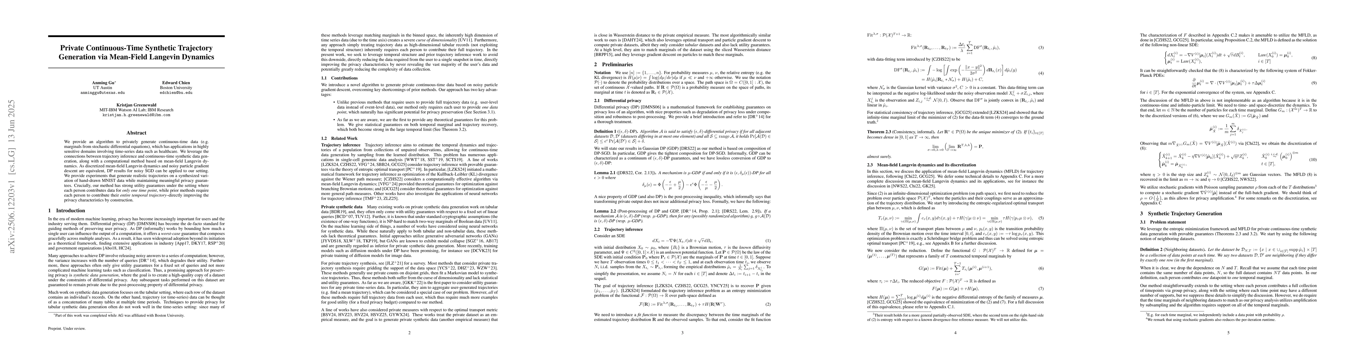 Thumbnail for Private Continuous-Time Synthetic Trajectory Generation via Mean-Field
  Langevin Dynamics