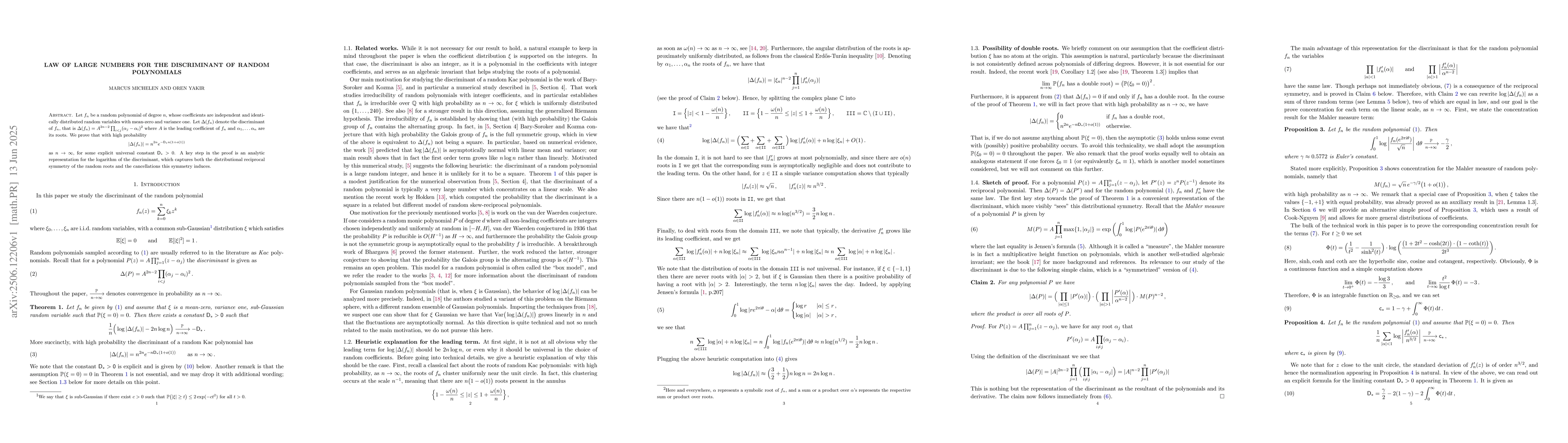 Thumbnail for Law of large numbers for the discriminant of random polynomials