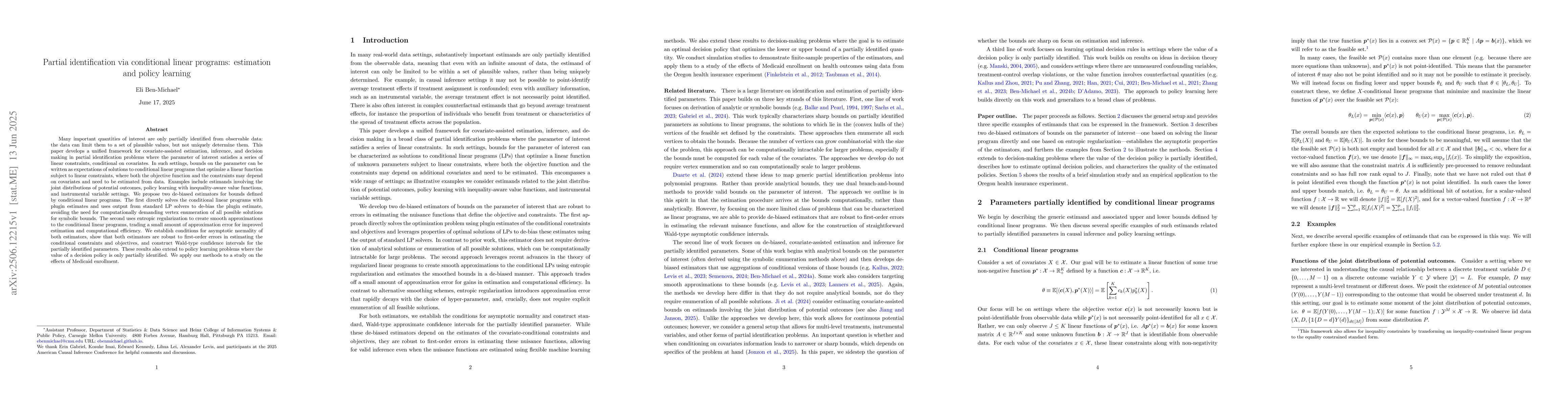 Thumbnail for Partial identification via conditional linear programs: estimation and
  policy learning